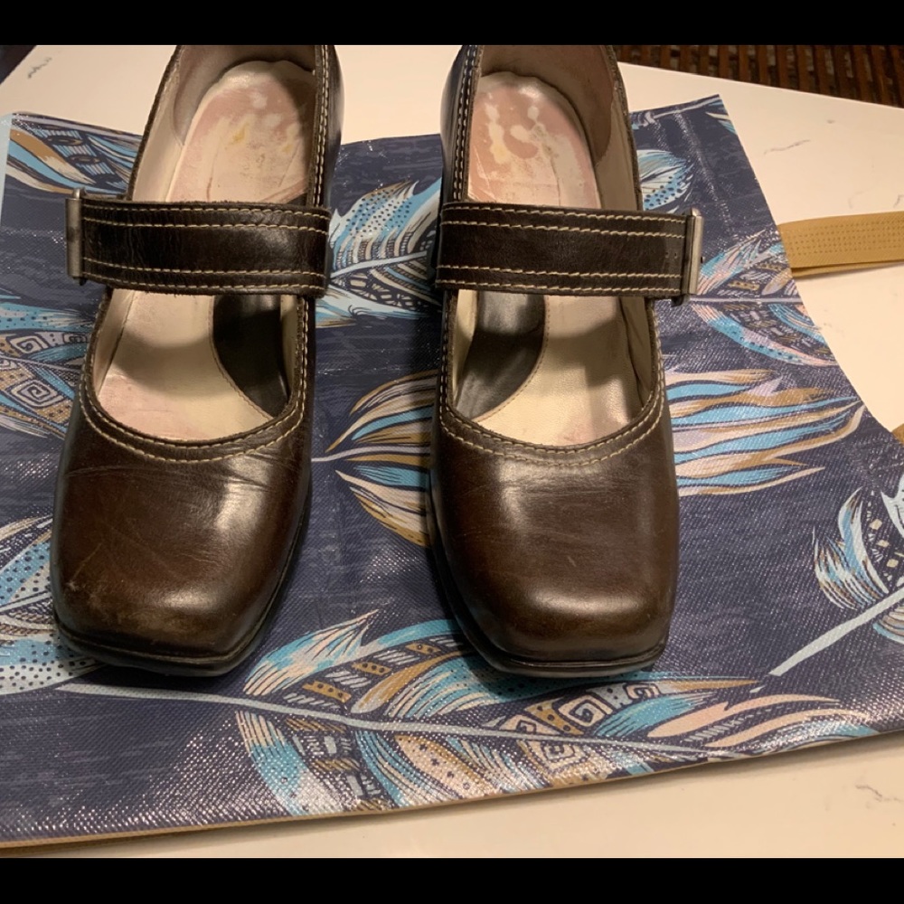 John Fluevog, 2 1/2” chunky heel with buckle-close